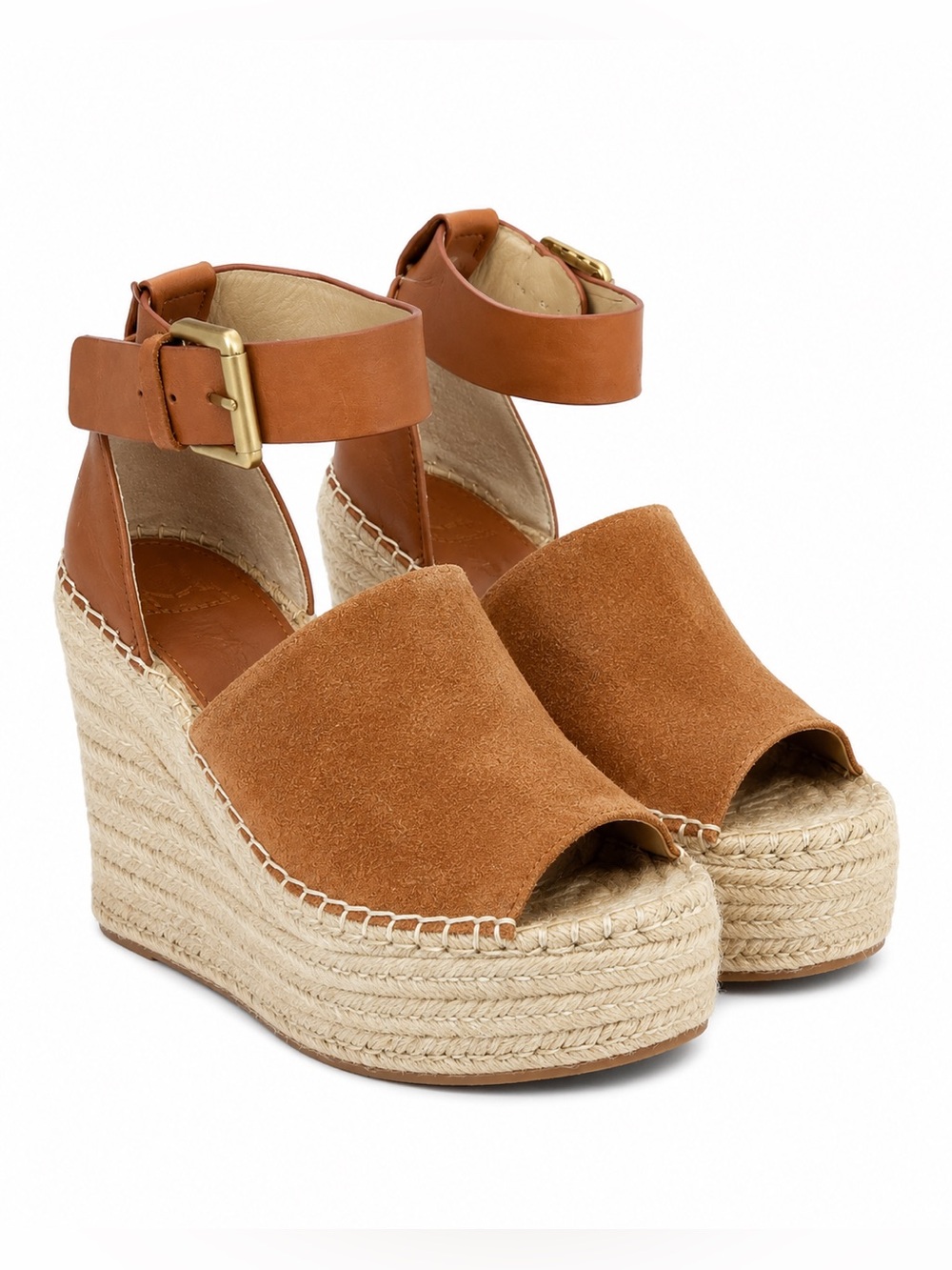 Marc Fisher LTD Adalyn Cognac Suede Leather Espadrille Platform Wedge Sandal 7.5